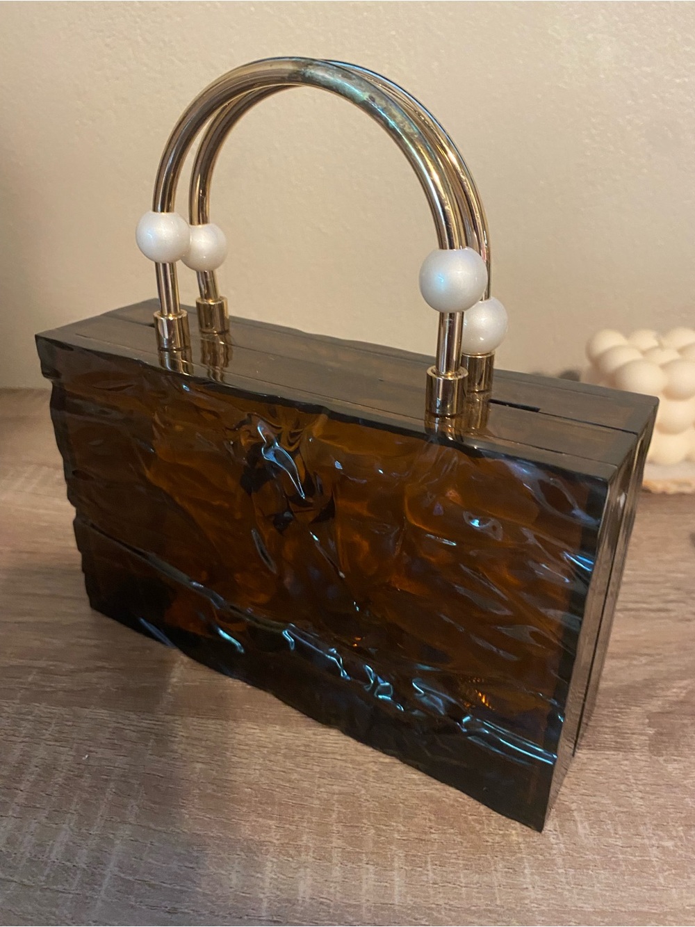 Zara Amber Tortoiseshell Acrylic Box Clutch with Gold Handles - Picture 2 of 3
